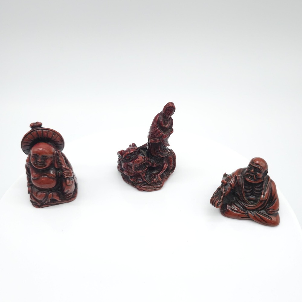 Red Resin BUDDHA And DRAGON LADY Figurines 3 Pc Collection Feng Shui
